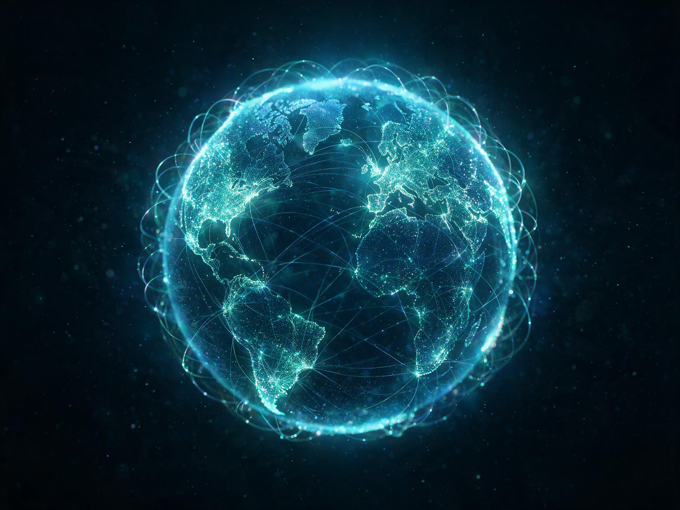 An international network of connected points of light forming a globe